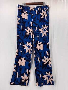 Ann Taylor LOFT Flowy Pull On Wide Leg Pants Blue Floral Medium Summer Resort